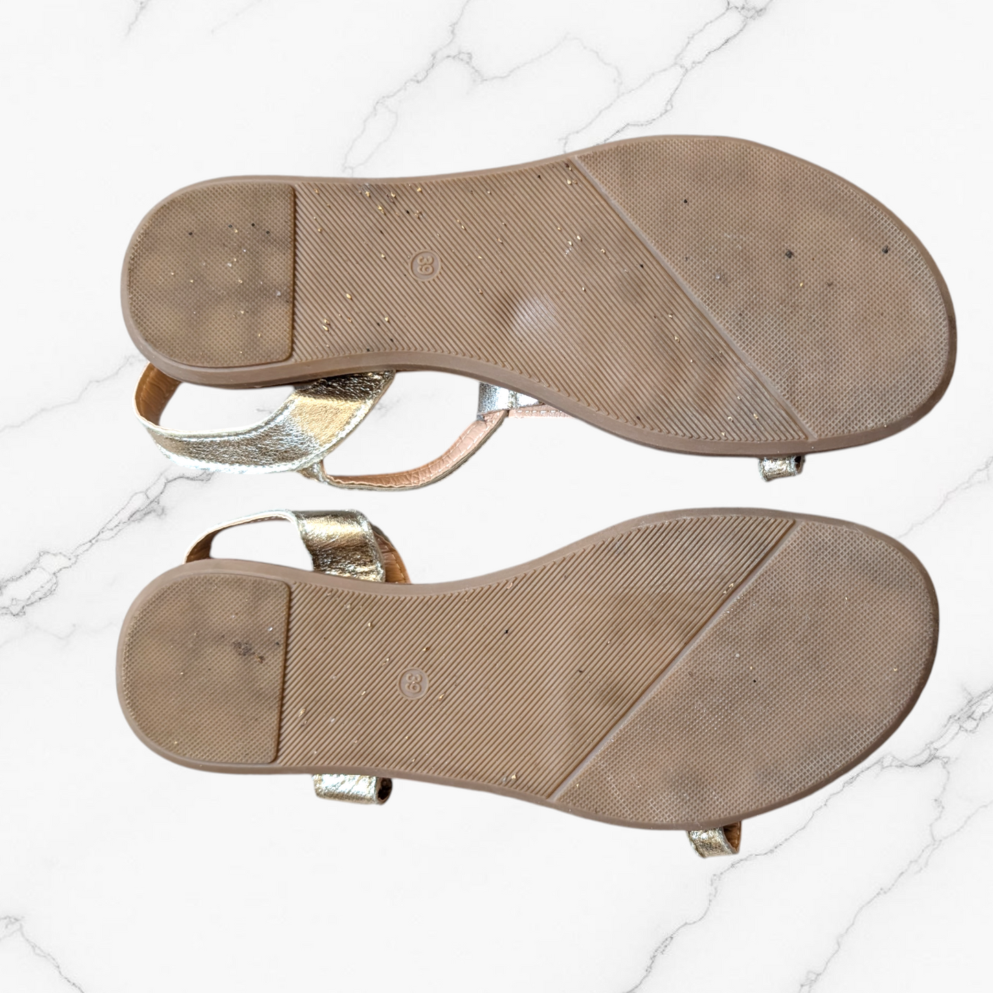 Muted Gold Shimmer Ankle Strap Sandals - Size 6