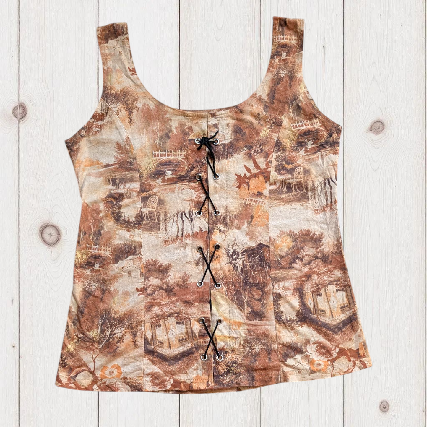 00s Brown Faux Lace Up Top