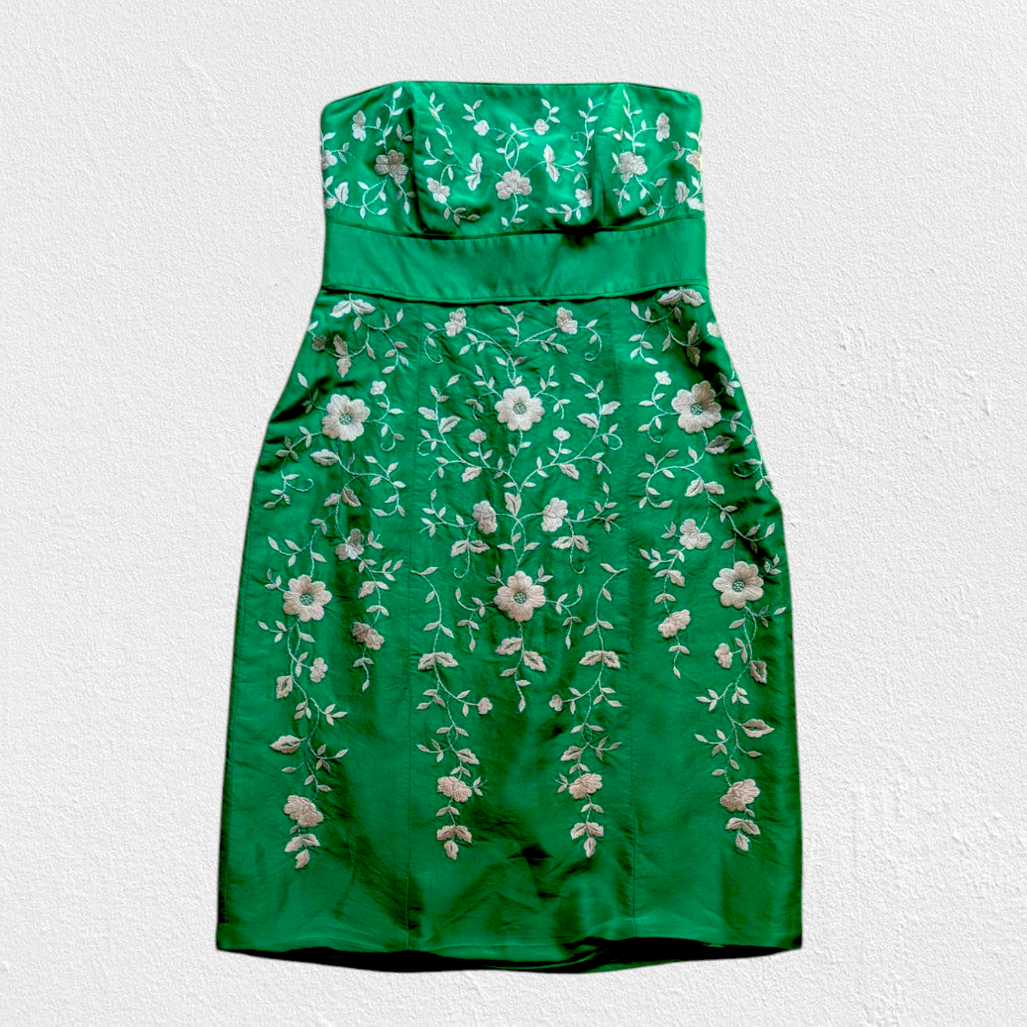 00's Green Floral Strapless Dress
