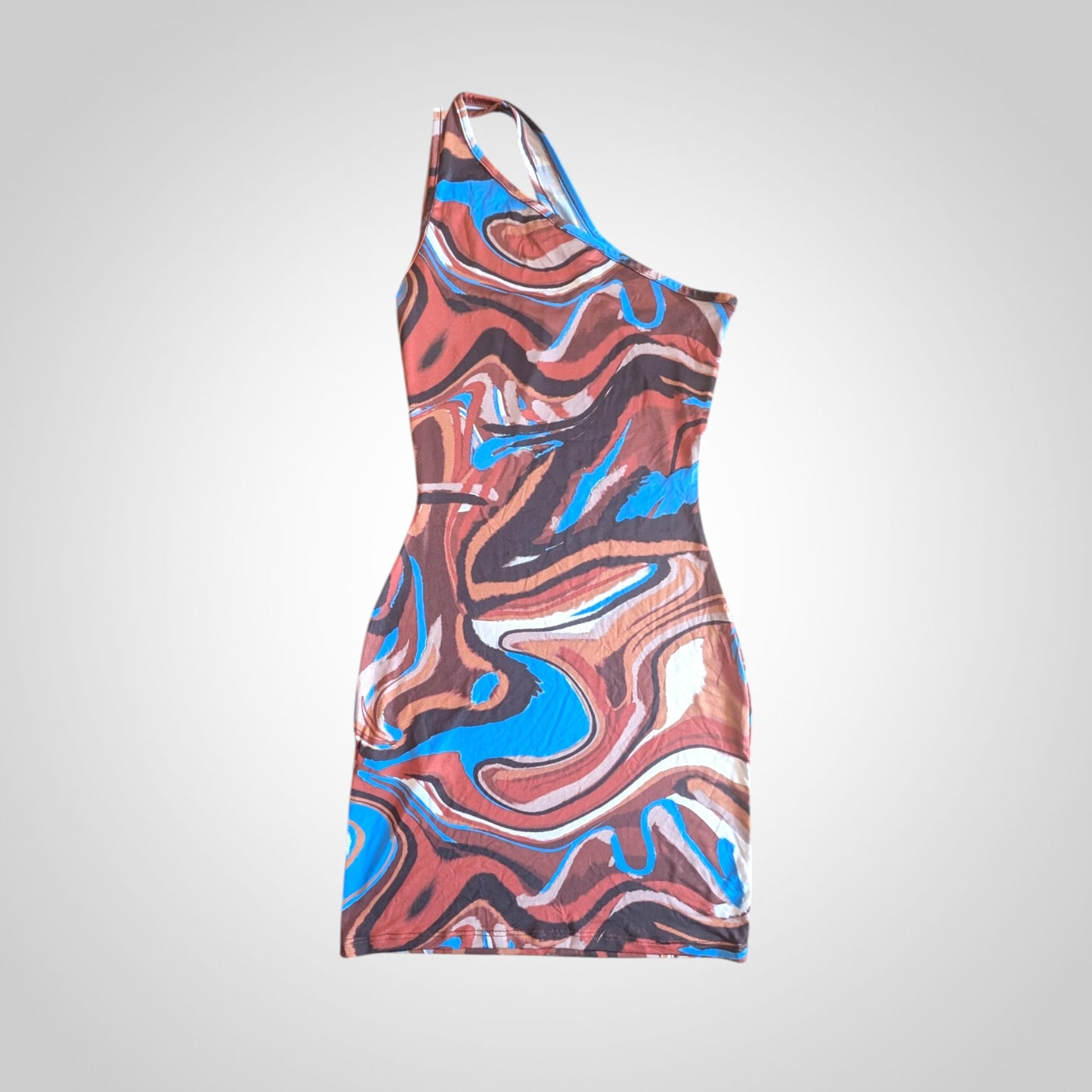 Marble Swirl One Shoulder Slinky Mini Dress