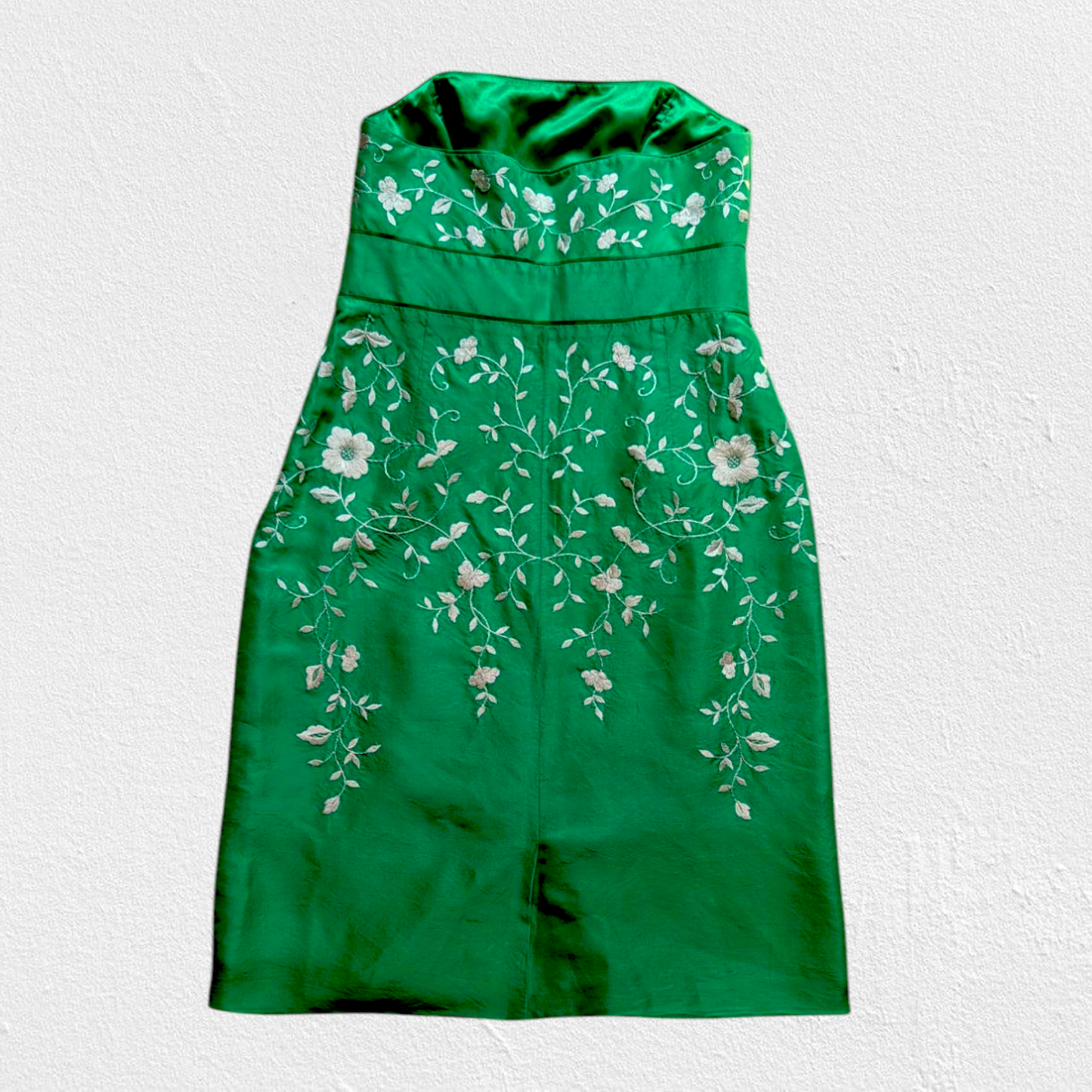 00's Green Floral Strapless Dress