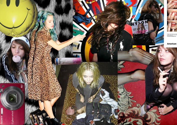 A gritty Y2K-style digital collage featuring Indie Sleaze fashion staples: leopard print dresses, smeared eyeliner, messy hair, cigarettes, digital cameras, and torn tights. Includes lo-fi candid photography of Mary-Kate Olsen and 2010s street style