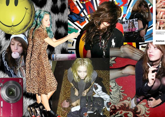 A gritty Y2K-style digital collage featuring Indie Sleaze fashion staples: leopard print dresses, smeared eyeliner, messy hair, cigarettes, digital cameras, and torn tights. Includes lo-fi candid photography of Mary-Kate Olsen and 2010s street style