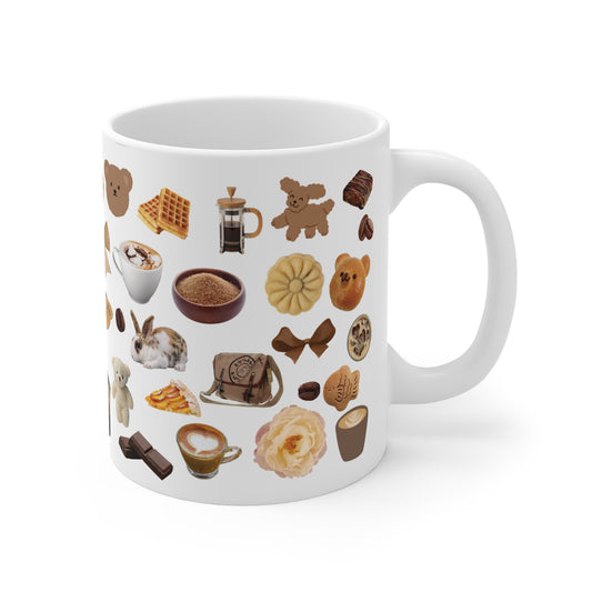 Mocha Babies Ceramic Mug, Cottagecore Aesthetic Coffee Cup | Cosy Teddy Bear & Bunny Scrapbook Pattern Mug, Warm Neutral Coffee Lover Gift 11oz