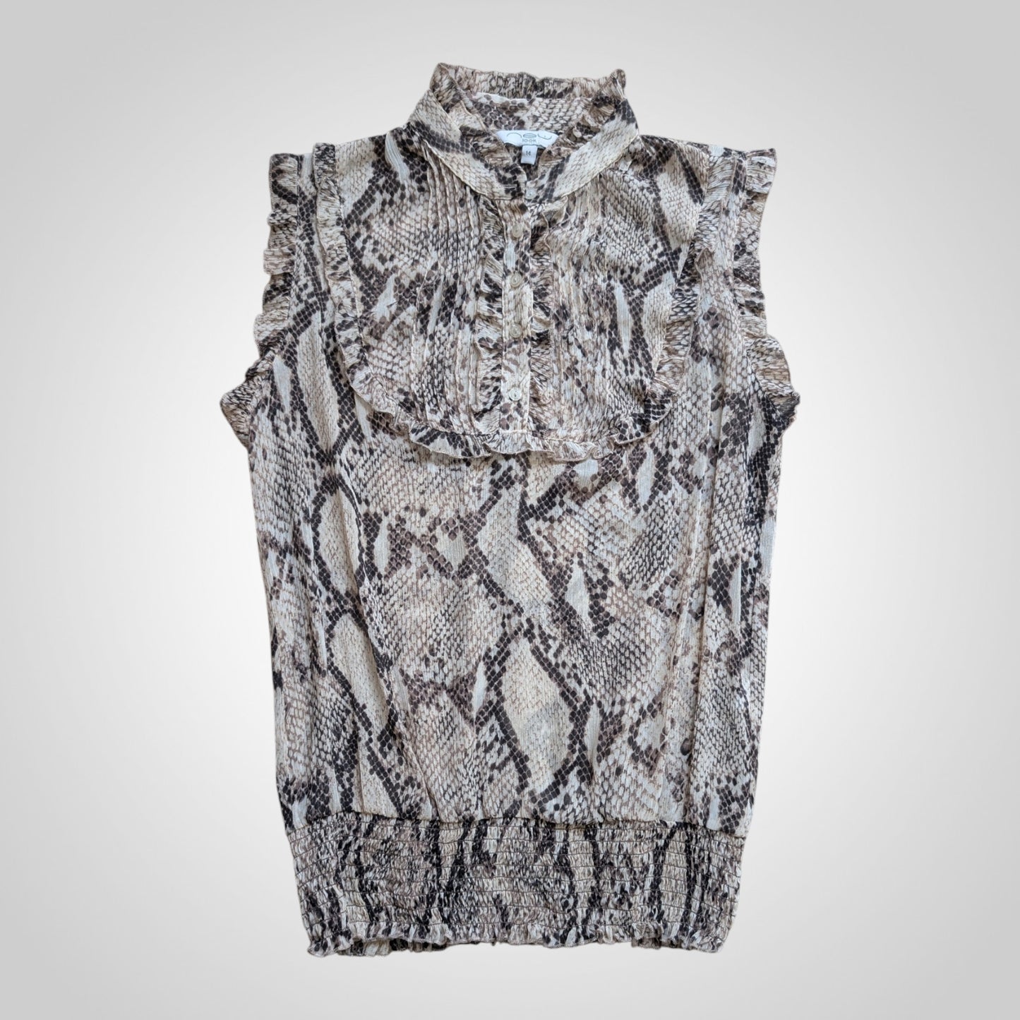 Snake Print Chiffon Shirred Ruffle Top
