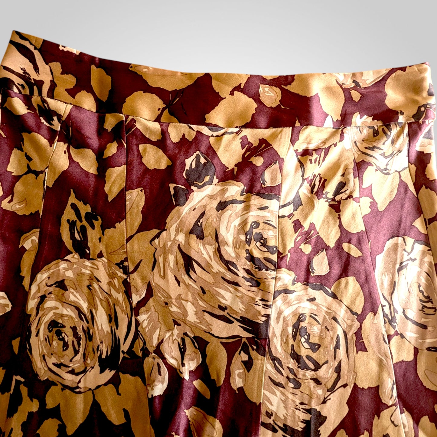 90s Silk Burgundy Floral Midi Skirt