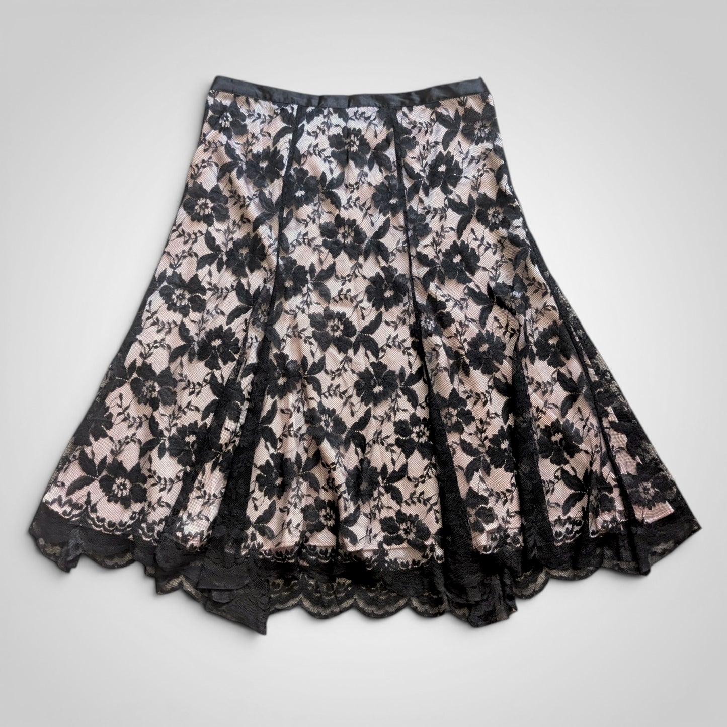 90s Black Lace & Pink Midi Skirt