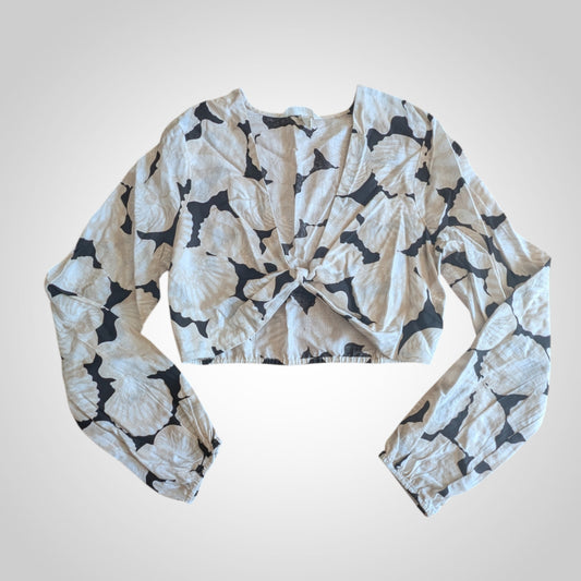 Linen Blend Shell Print Crop Top