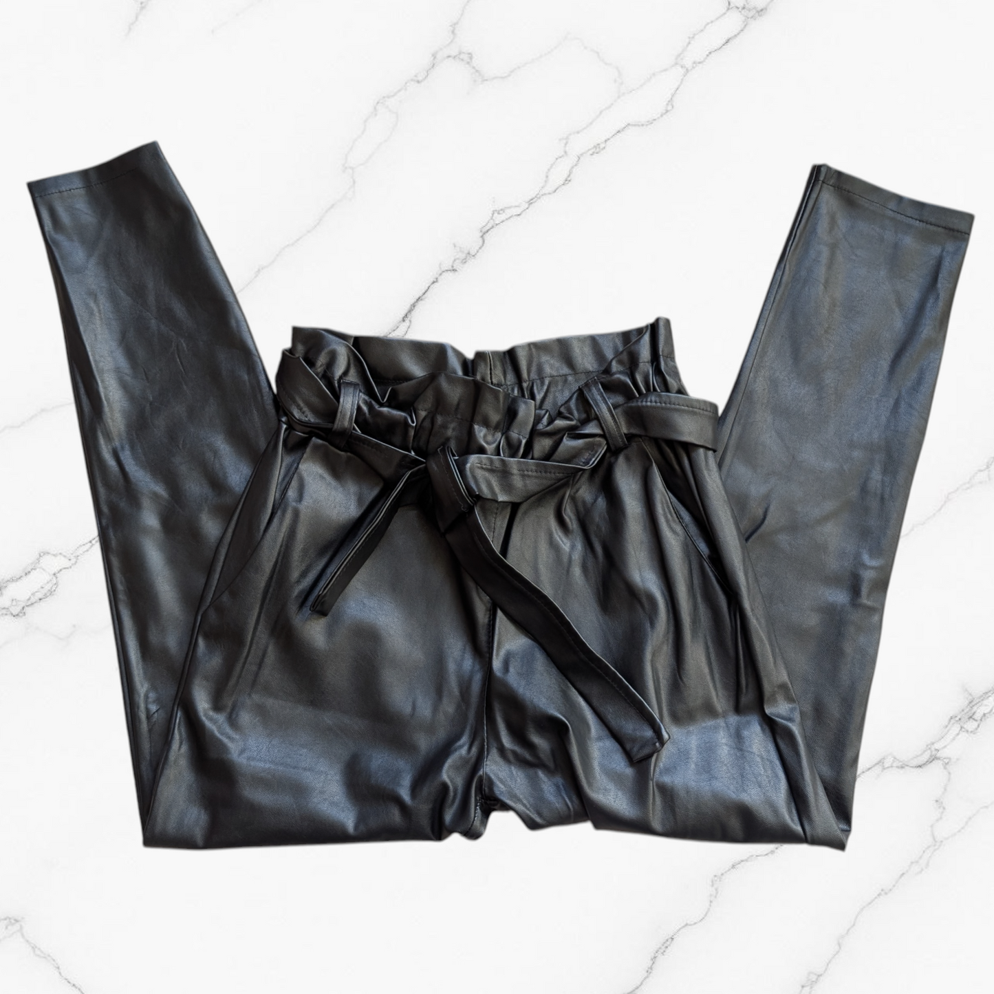 Black Leather-Look Tie Waist Trousers