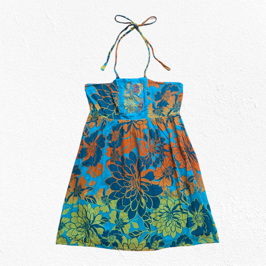 00's Tropical Turquoise Halter Neck Dress