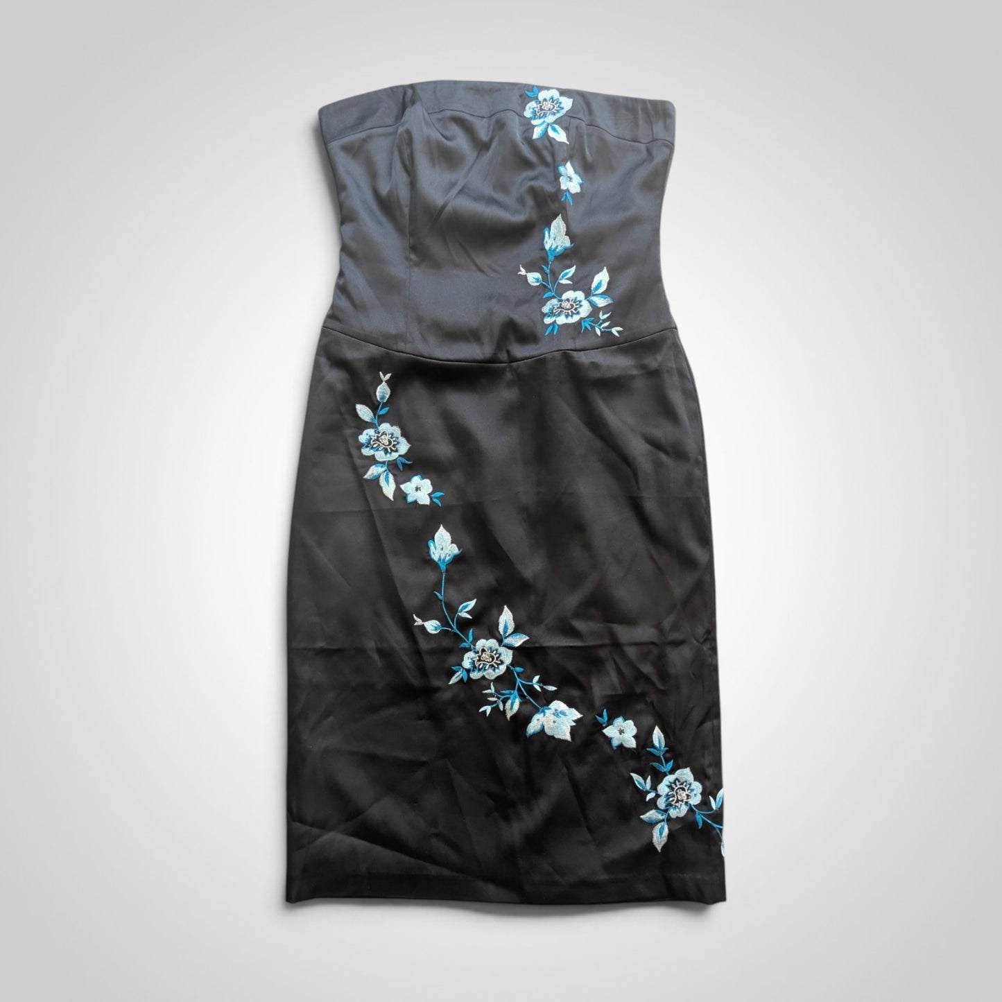 00s Black Satin Floral Party Dress
