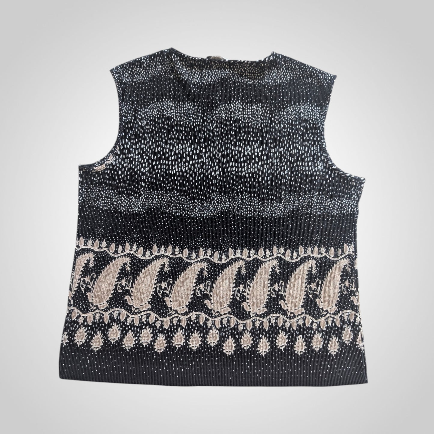 90s Black Beige Paisley Plisse Sleeveless Vest Top