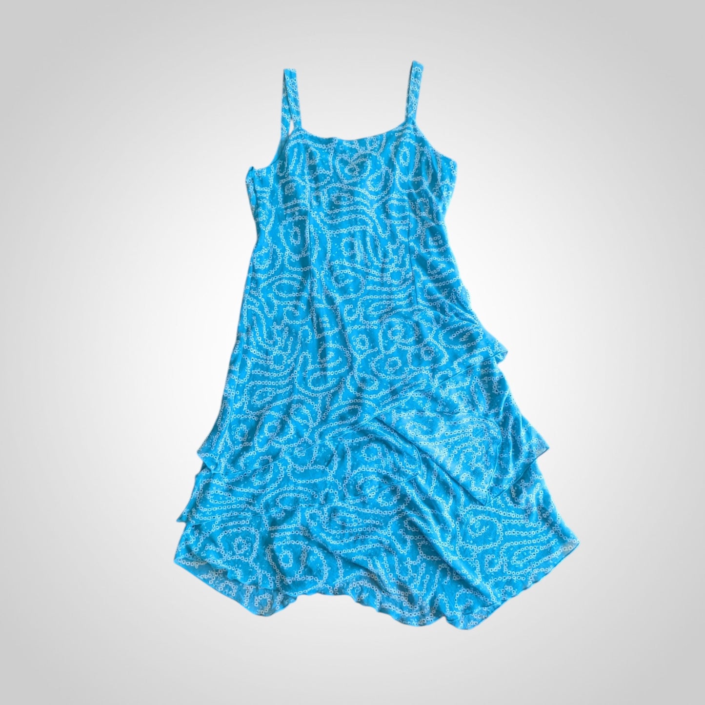 00s Blue Paisley Asymmetric Tiered Dress