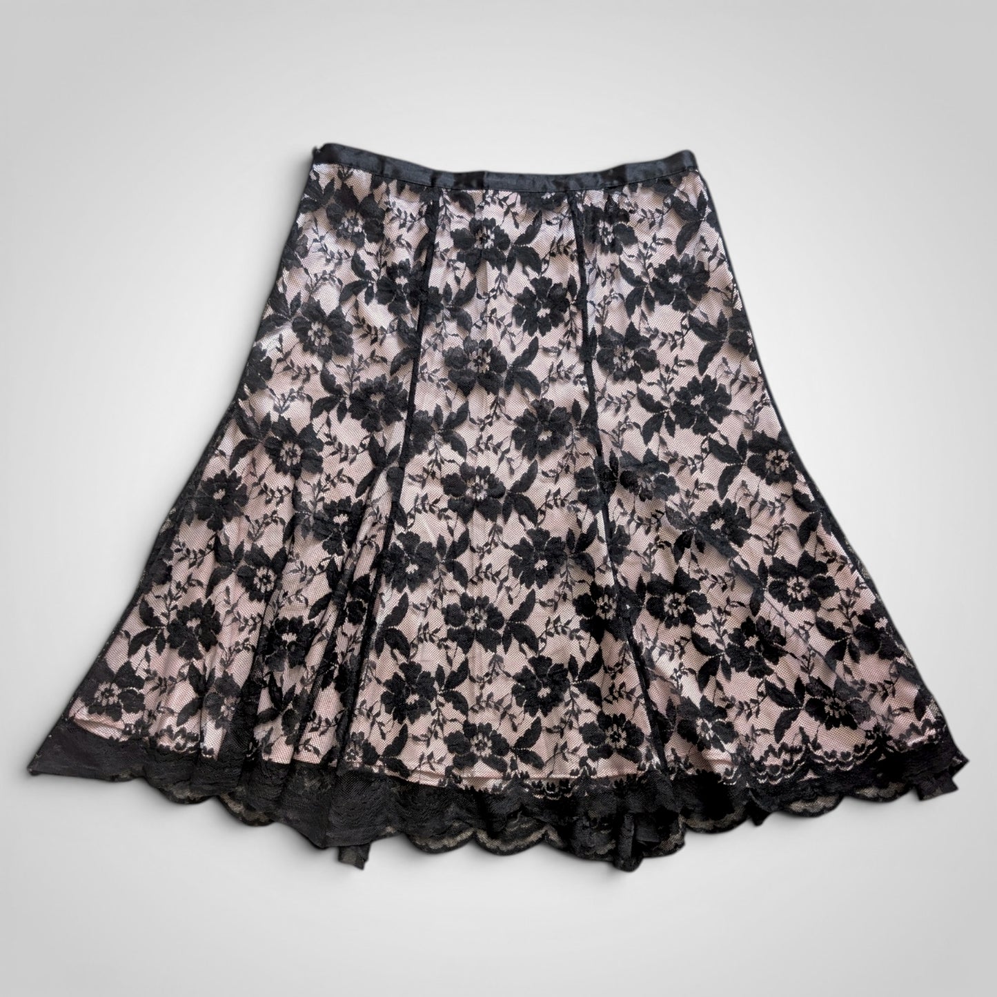 90s Black Lace & Pink Midi Skirt