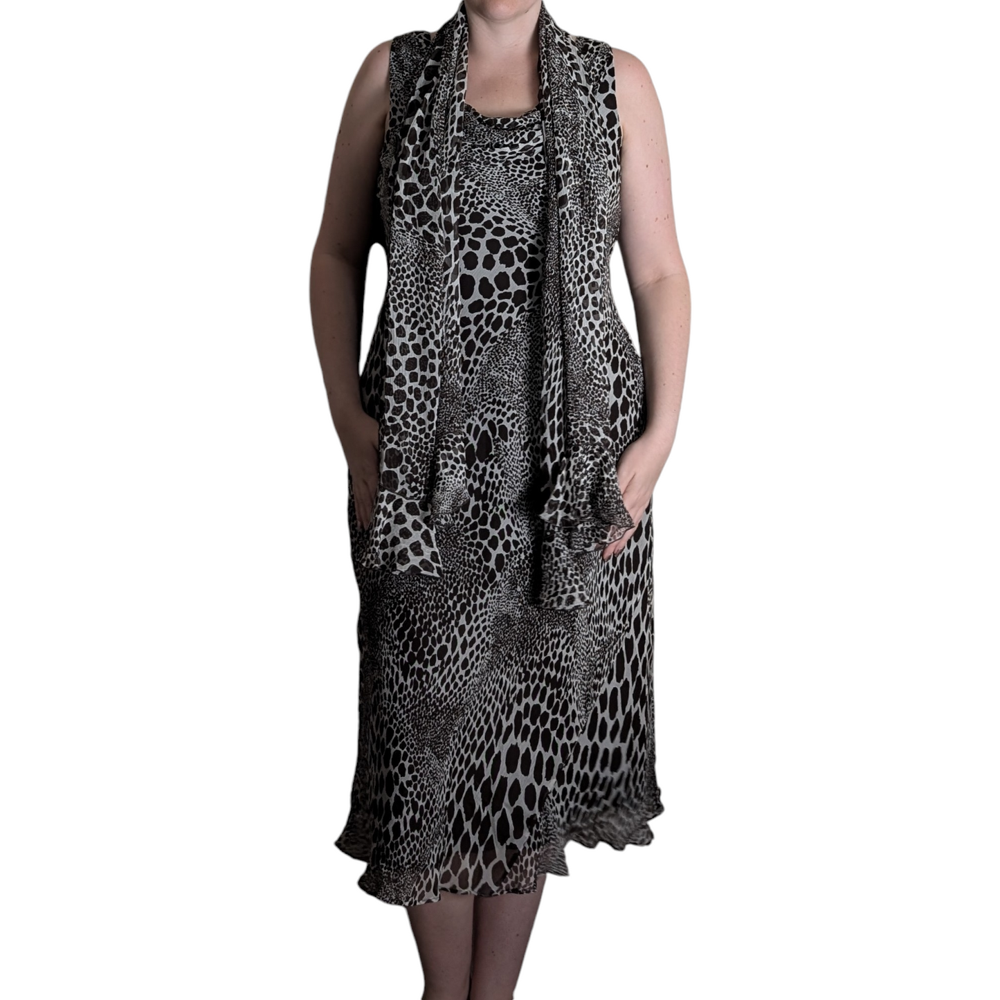 90's Animal Print Silk Midi Dress with Scarf