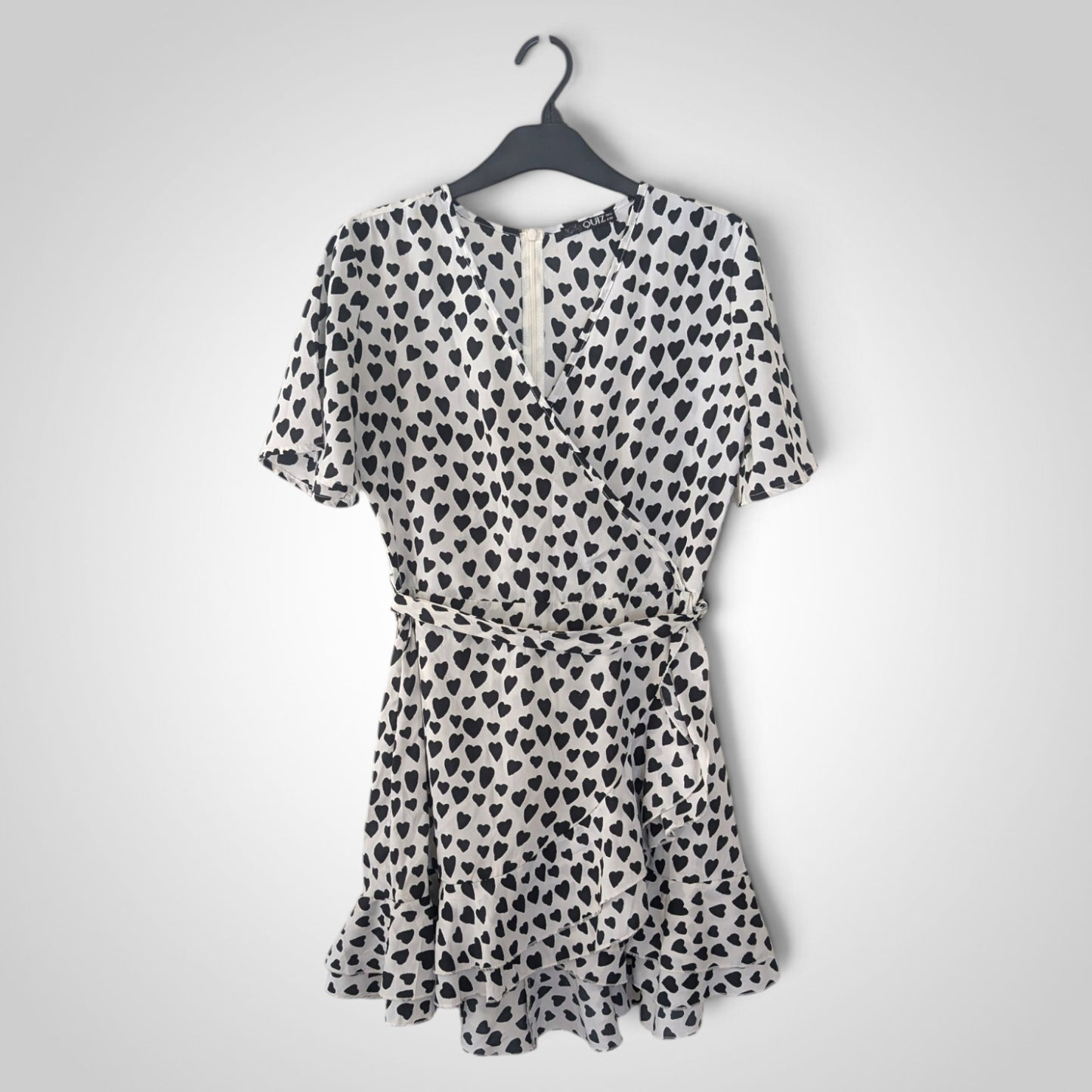 White & Black Heart Print Faux Wrap Mini Dress
