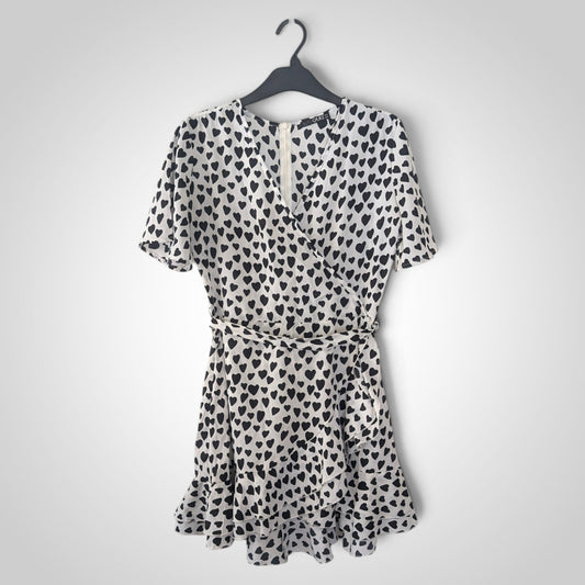 White & Black Heart Print Faux Wrap Mini Dress