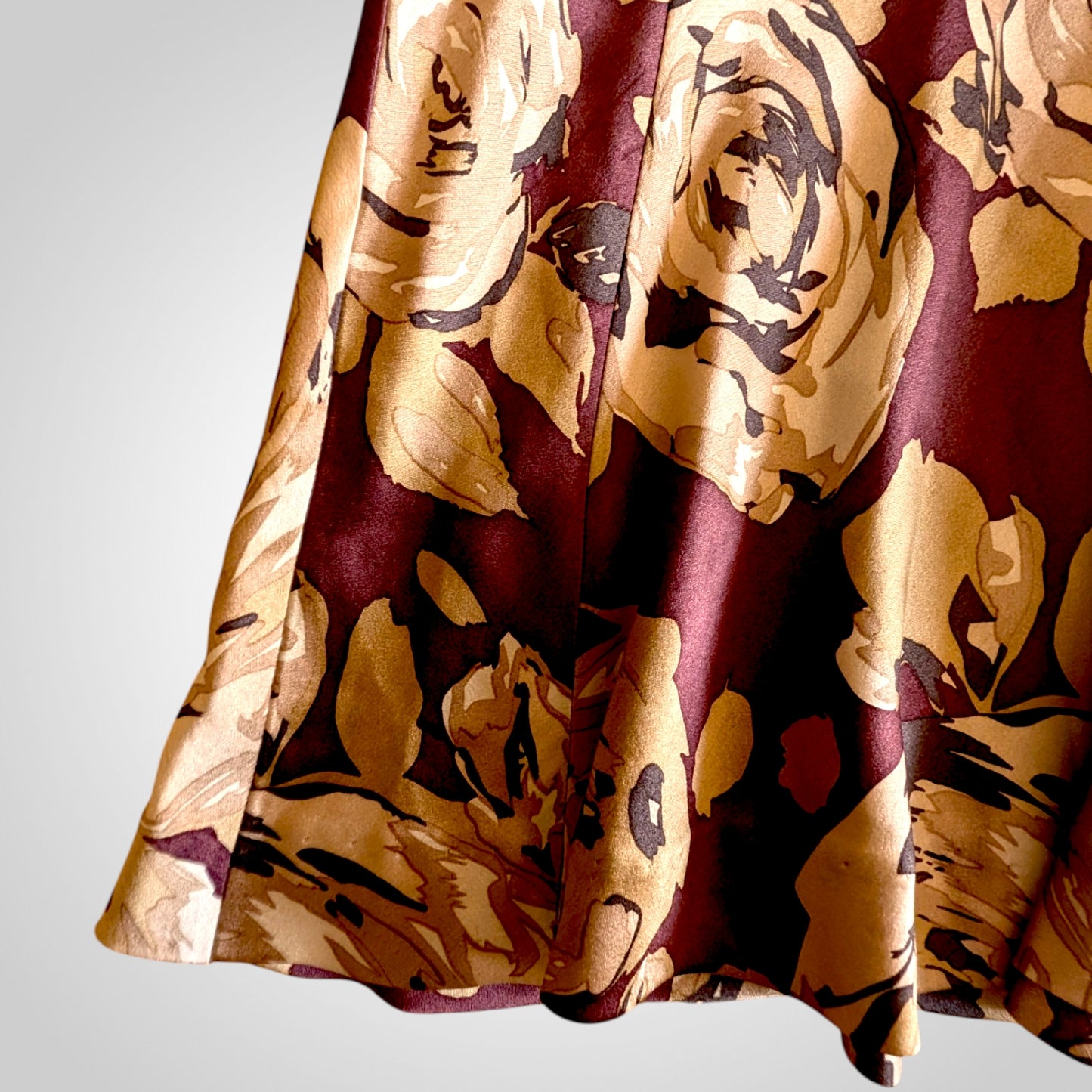 90s Silk Burgundy Floral Midi Skirt