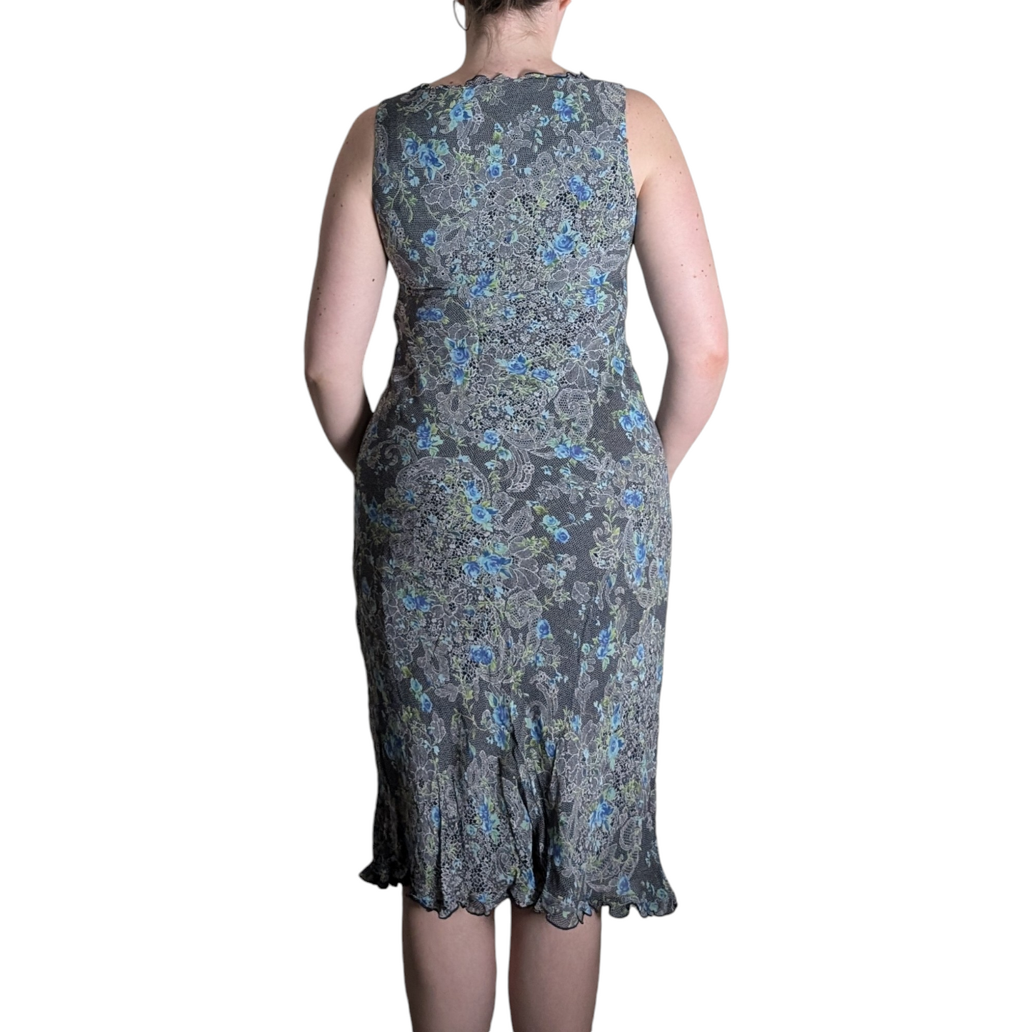 00's Black & Blue Floral Midi Dress