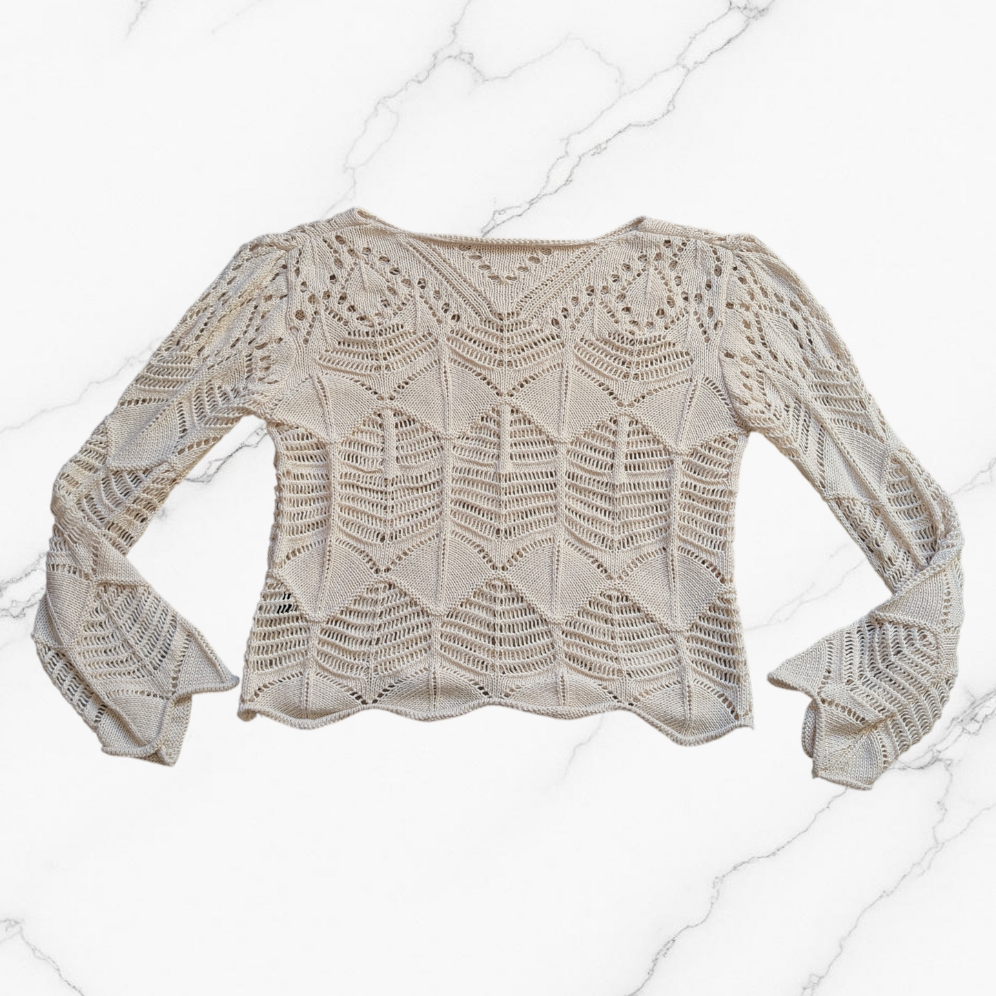 Beige Sand Crochet Open Knit Long Sleeve Top