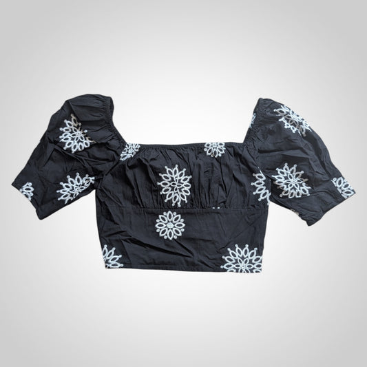 Black Embroidered Cotton Crop Top