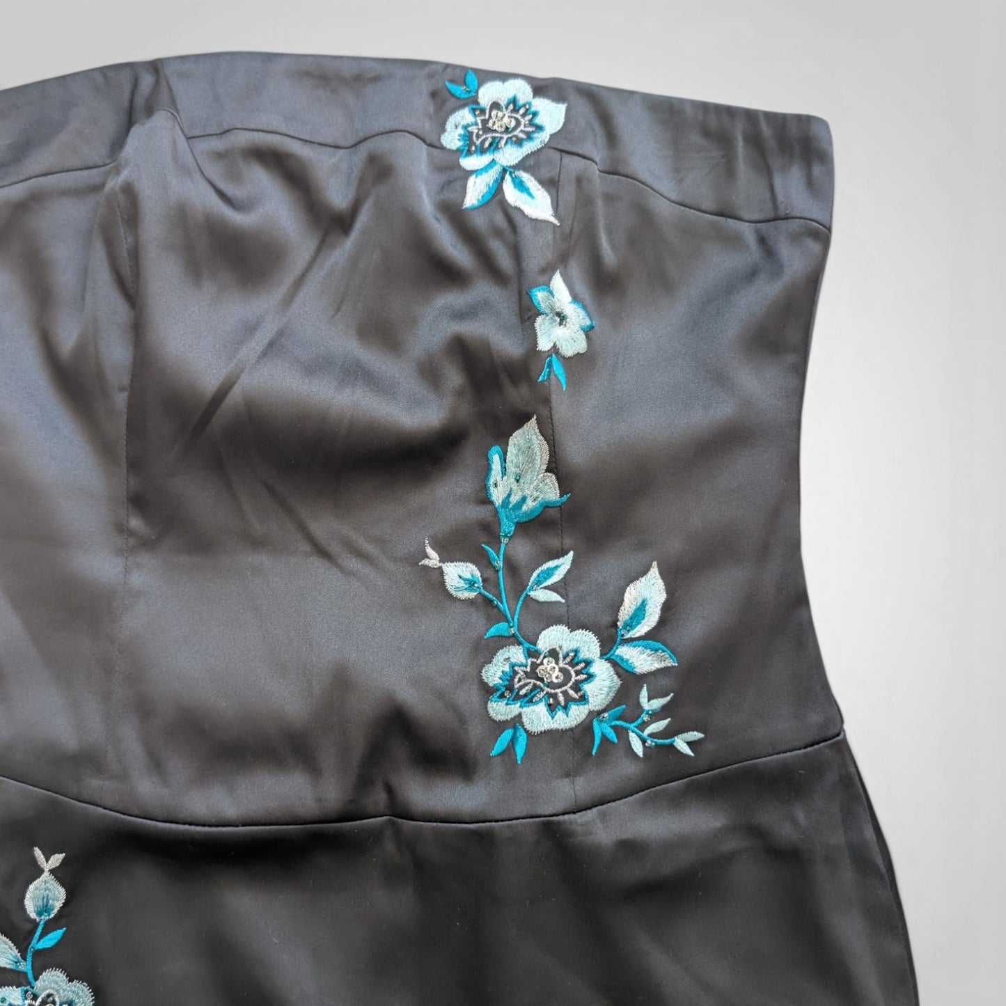 00s Black Satin Floral Party Dress