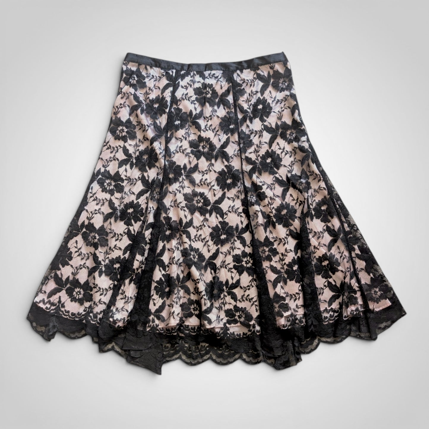 90s Black Lace & Pink Midi Skirt