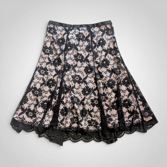 90s Black Lace & Pink Midi Skirt