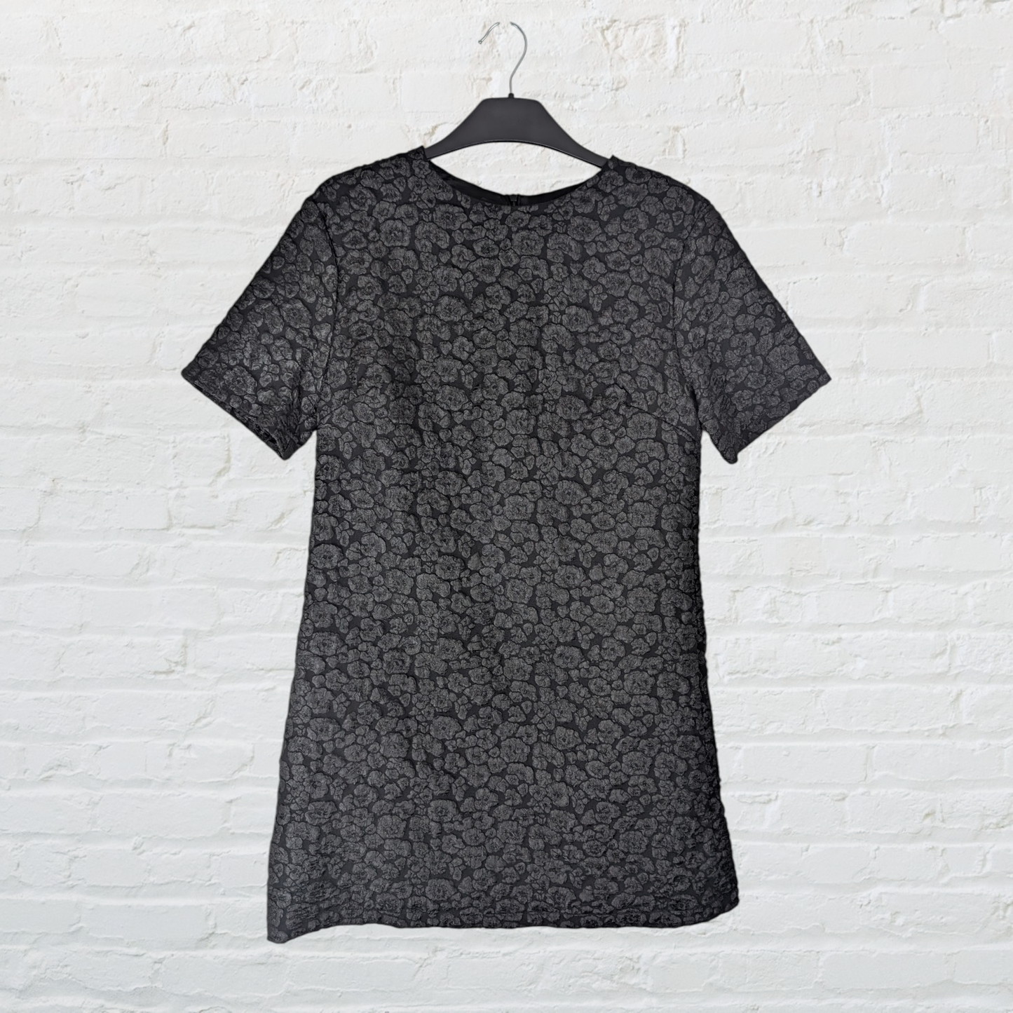 Black Textured Floral Short Sleeve Mini Dress