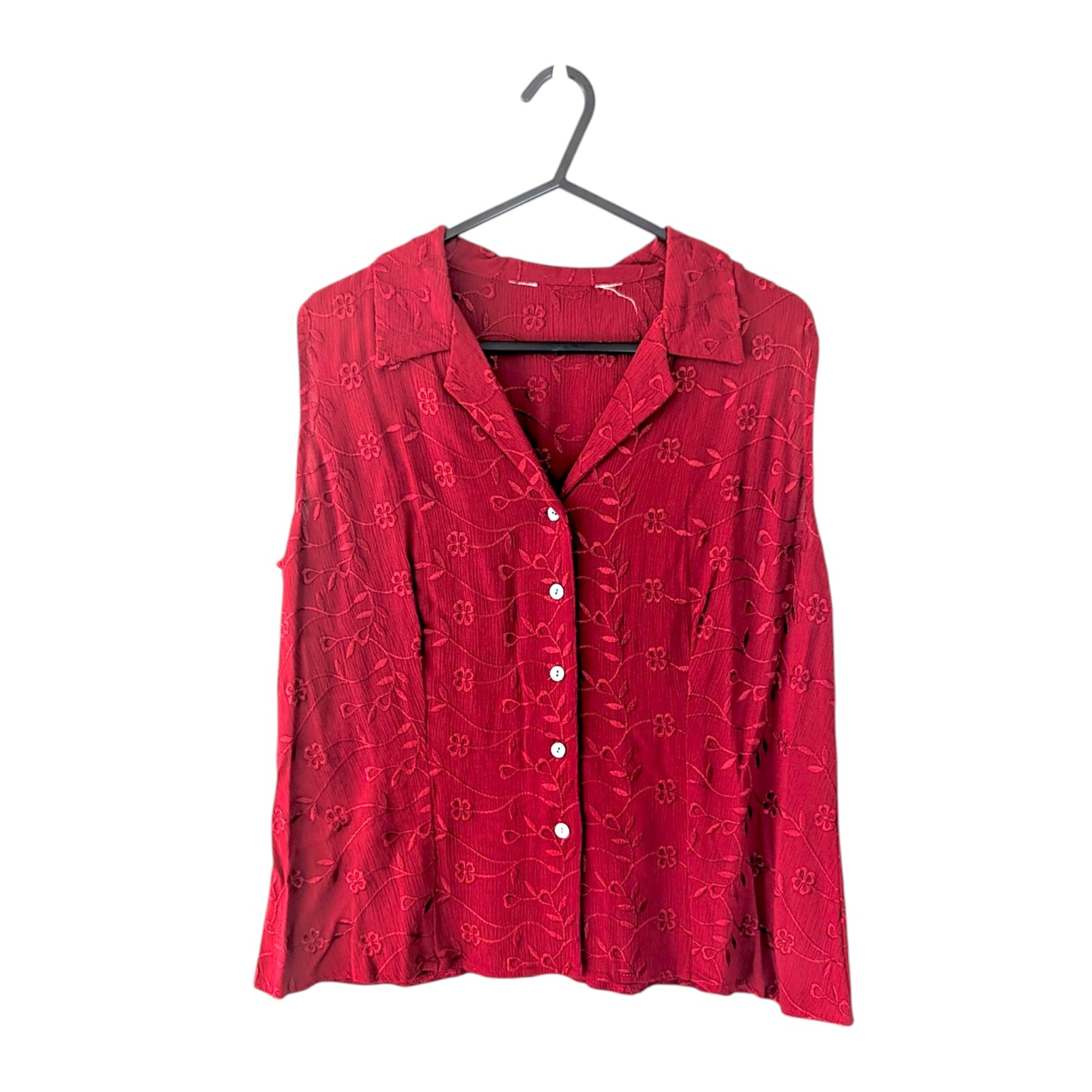 00's Red Embroidered Floral Sleeveless Blouse