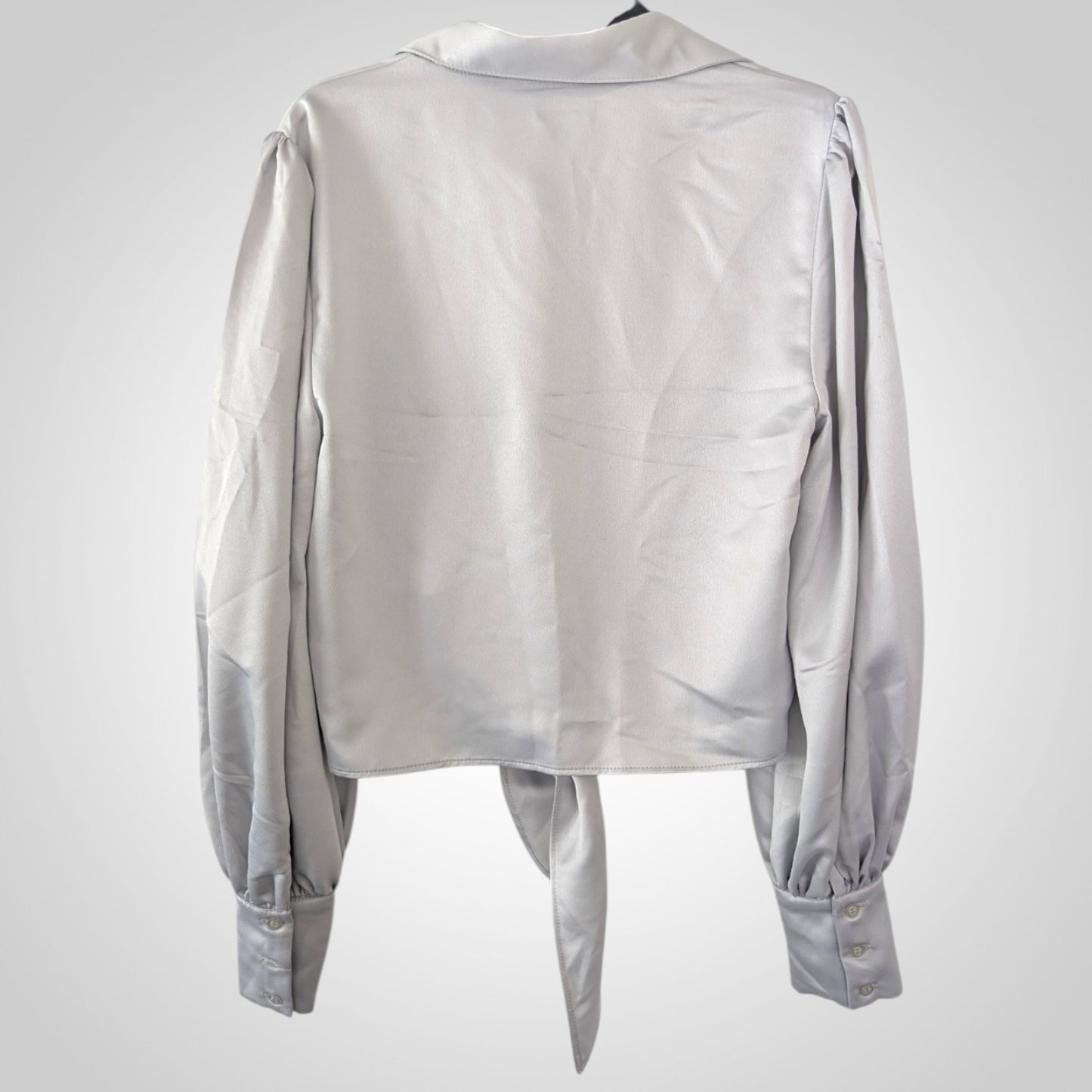Grey Satin Tie Front Cropped Blouse