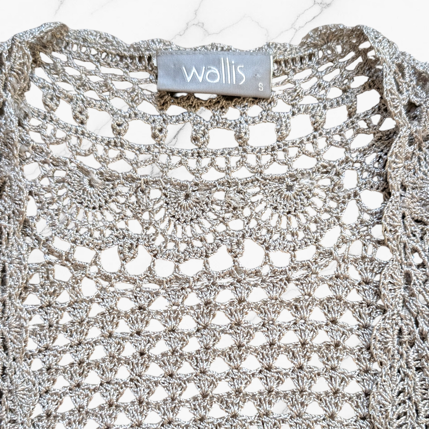00's Silver Sparkle Crochet Open Knit Top