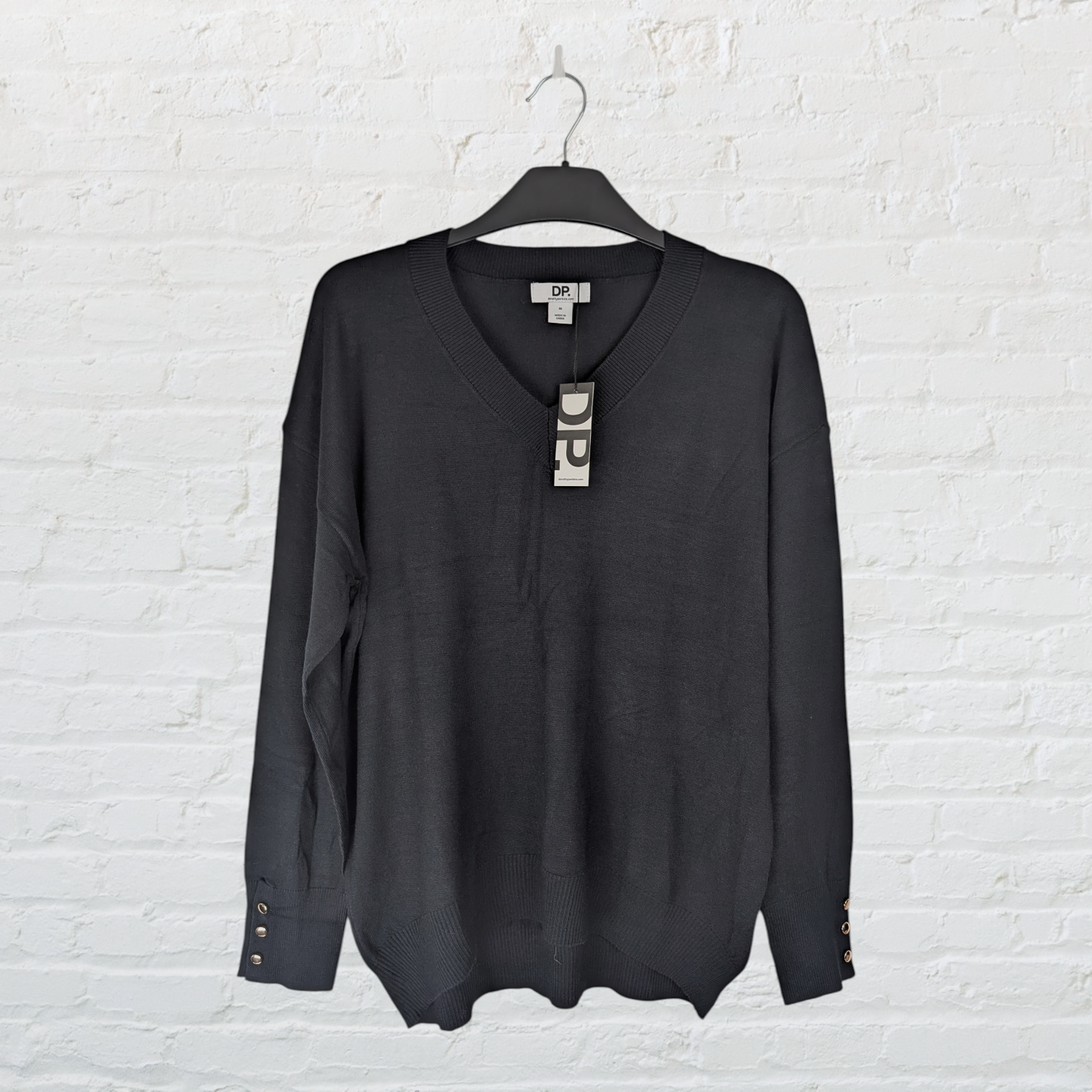 Black V-Neck Button Cuff Jumper