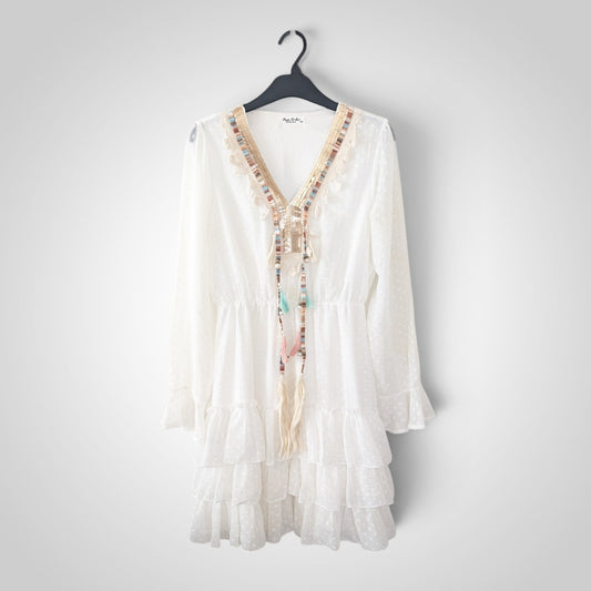 White Boho Tiered Mini Dress