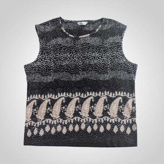 90s Black Beige Paisley Plisse Sleeveless Vest Top