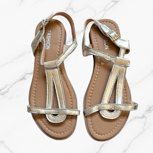 Muted Gold Shimmer Ankle Strap Sandals - Size 6