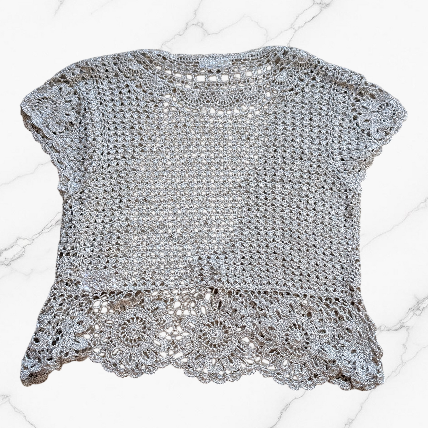 00's Silver Sparkle Crochet Open Knit Top