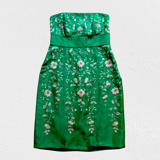 00's Green Floral Strapless Dress
