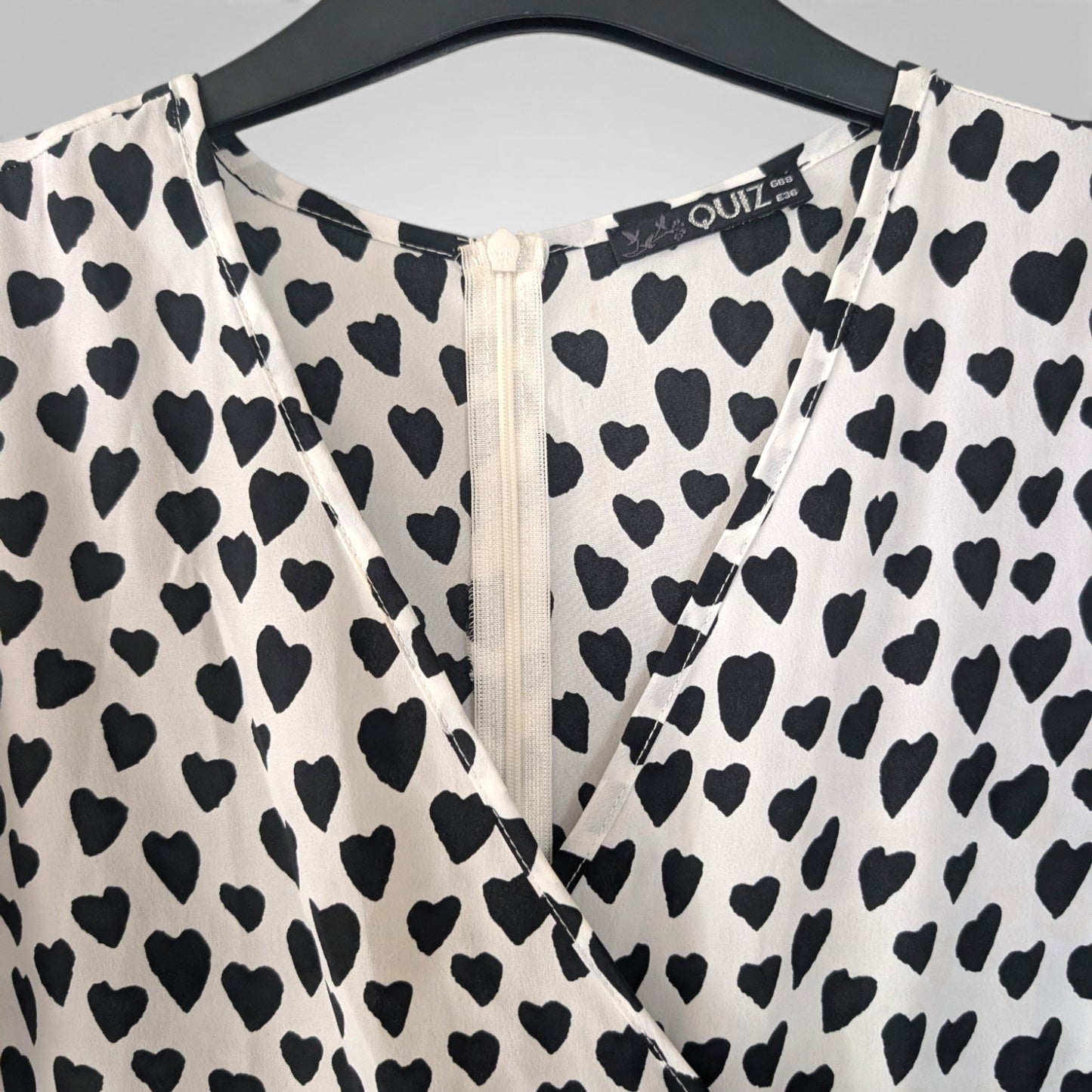 White & Black Heart Print Faux Wrap Mini Dress