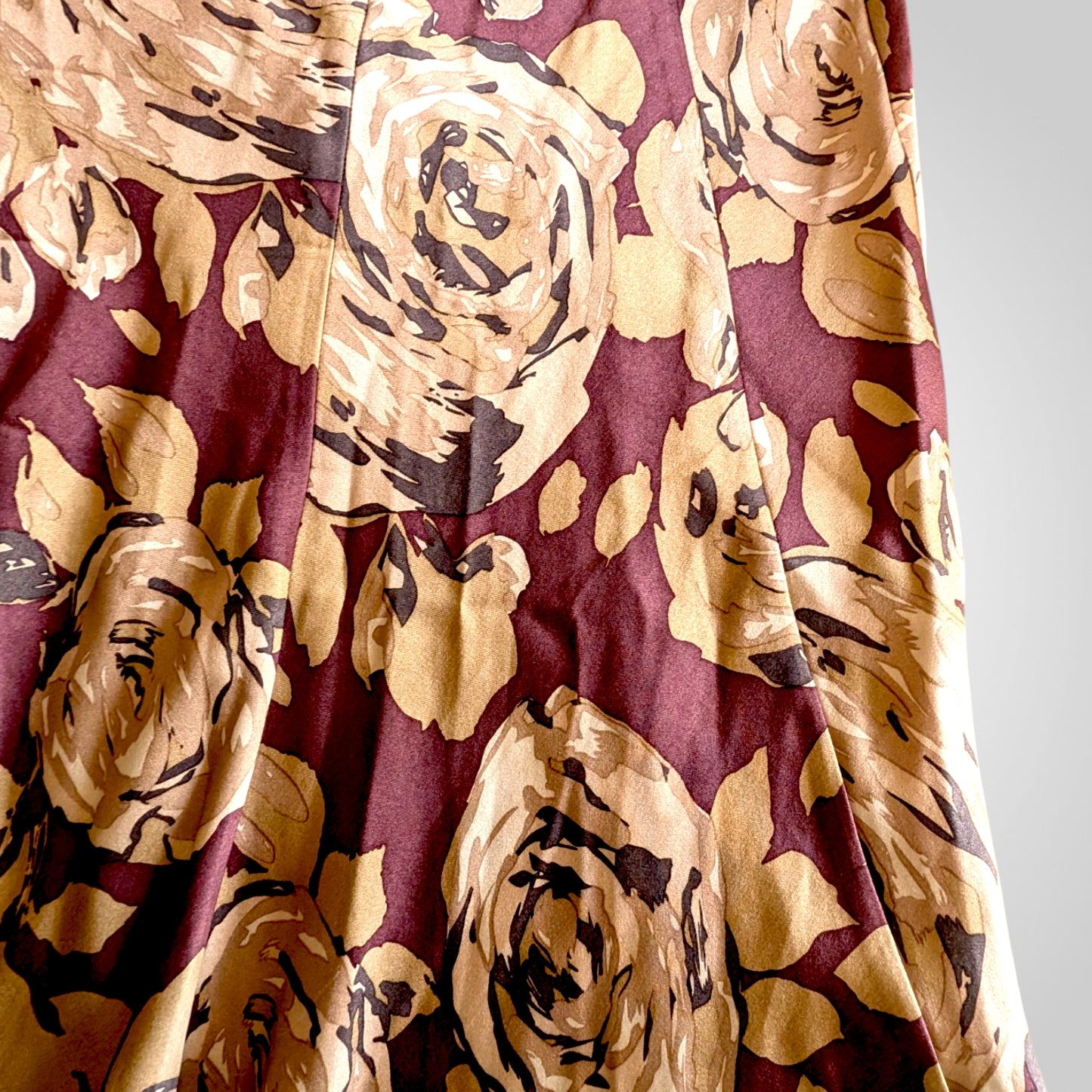 90s Silk Burgundy Floral Midi Skirt