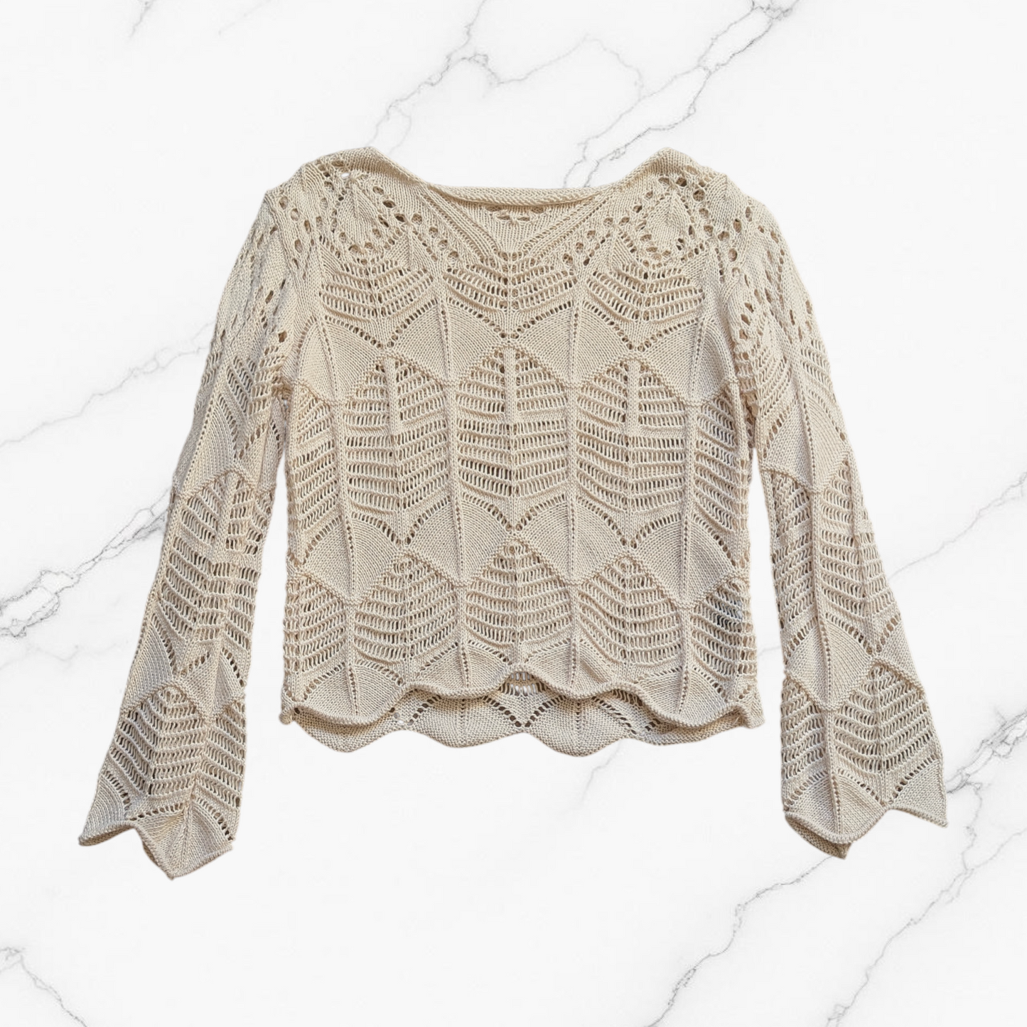 Beige Sand Crochet Open Knit Long Sleeve Top