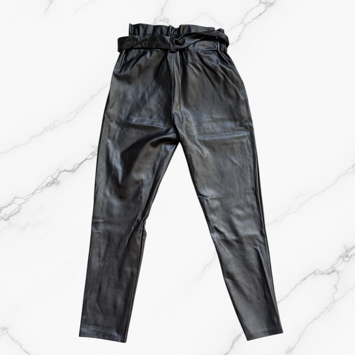 Black Leather-Look Tie Waist Trousers