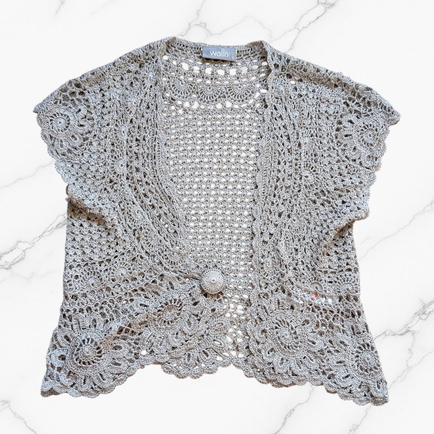 00's Silver Sparkle Crochet Open Knit Top