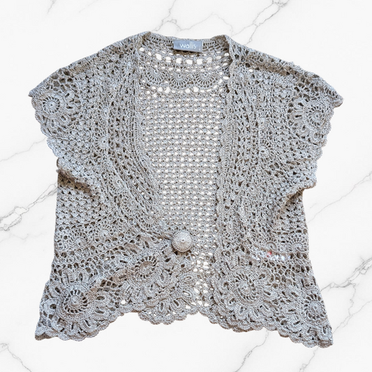 00's Silver Sparkle Crochet Open Knit Top