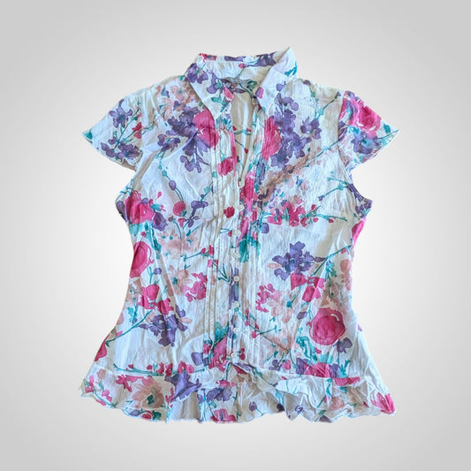 00s Floral Tie Waist Blouse