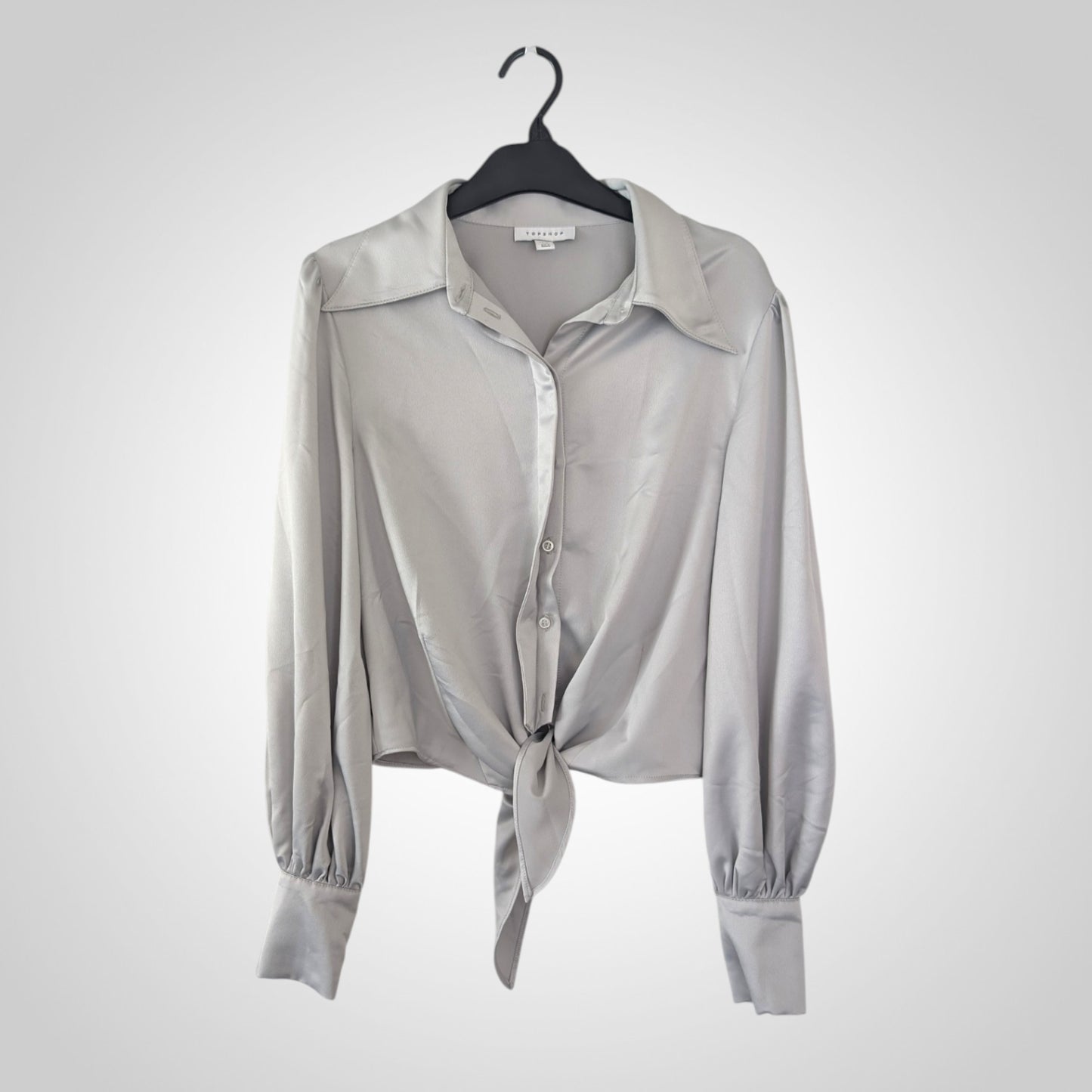 Grey Satin Tie Front Cropped Blouse