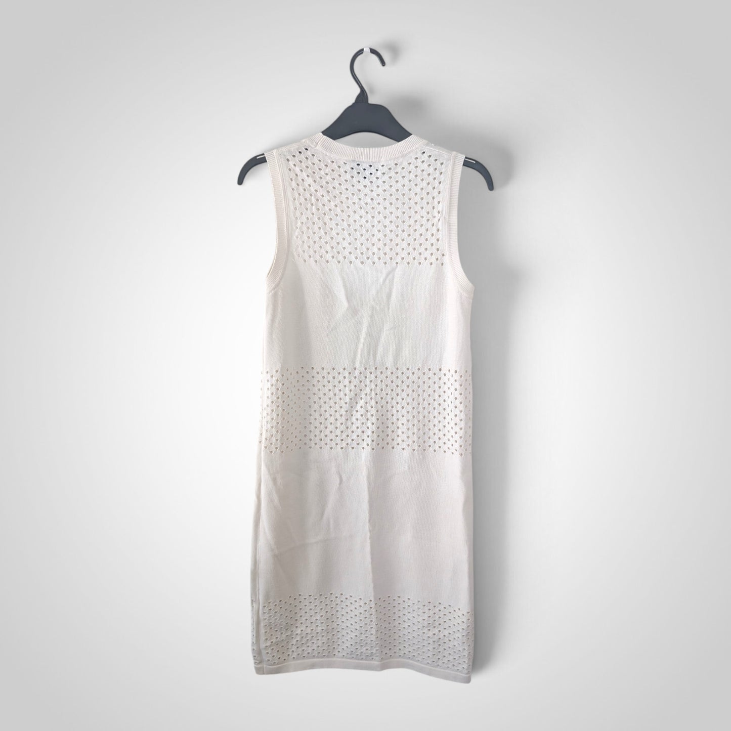 Off White Knit Eyelet Cutout Sleeveless Shift Dress