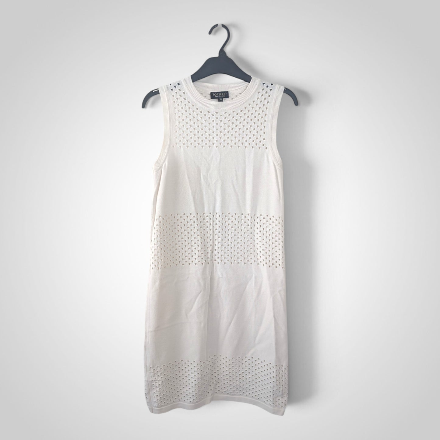Off White Knit Eyelet Cutout Sleeveless Shift Dress
