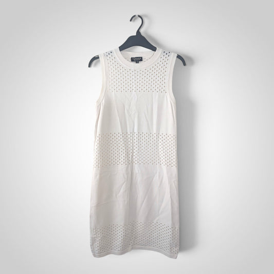 Off White Knit Eyelet Cutout Sleeveless Shift Dress