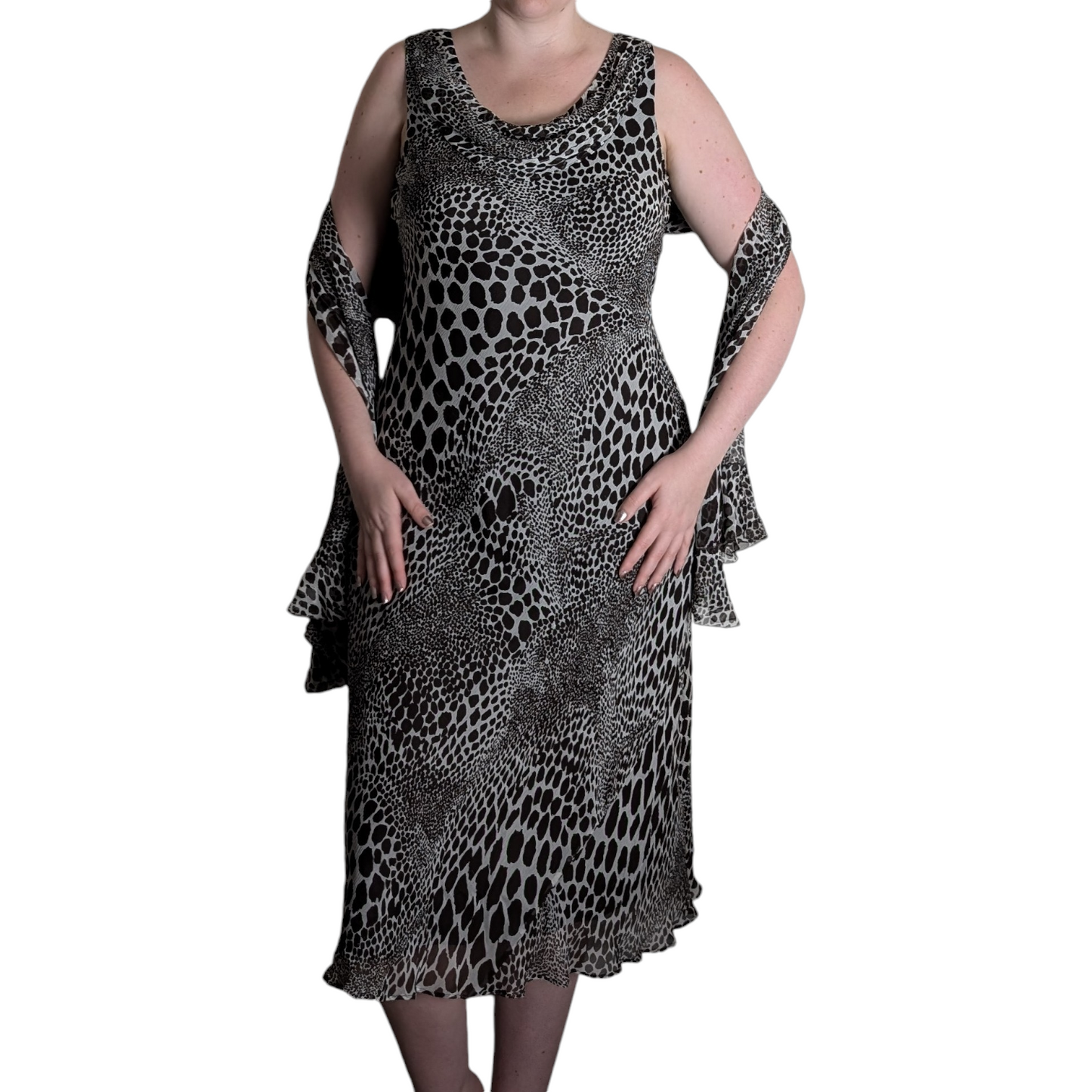 90's Animal Print Silk Midi Dress with Scarf